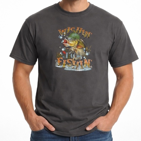 Gildan Other - Gildan Wishin I Was‎ Fishin Graphic T-Shirt Charcoal Grey Large Heavy Cotton